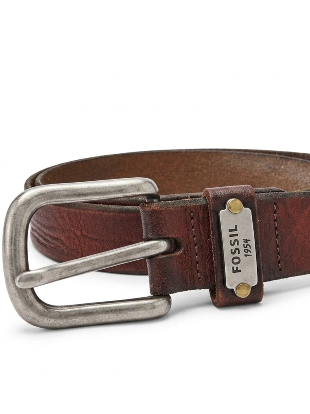 VTG Fossil 1954 Heritage Leather Belt | Distressed Brown Logo Plaque | Size M/L